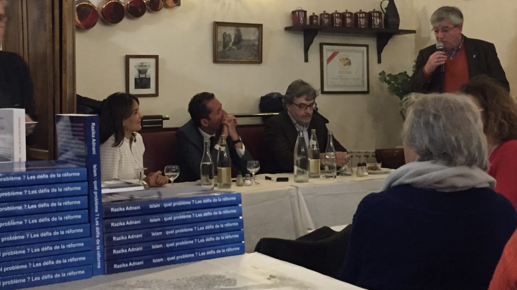Au restaurant « Le Trumilou, le 16 avril 2019, dans le cadre des rencontres Mille-Feuilles où Razika Adnani a présenté son dernier ouvrage "Islam : quel problème ? Les défis de la réforme ( UPblisher France 2017-Afrique Orient, Maroc 2018) . Elle était aux côtés de LAURENT BOUVET, HAKIM EL KAROUI et FRÉDÉRIC FREDJ, Président de l'association Les Mille-Feuilles.